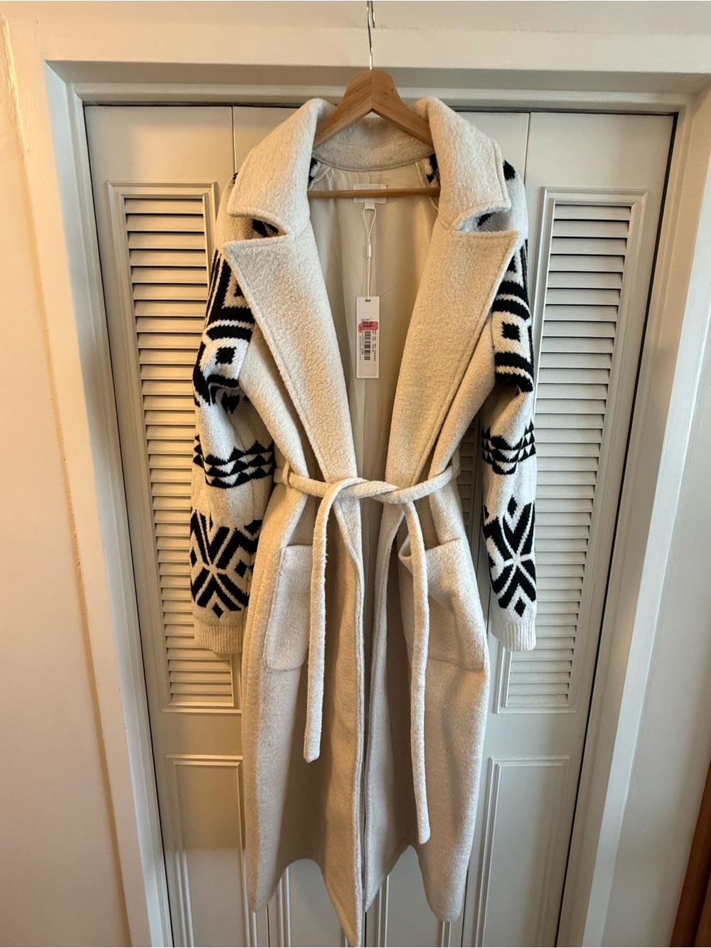 Everly Cream Wrap Coat with Black Aztec Sleeves
